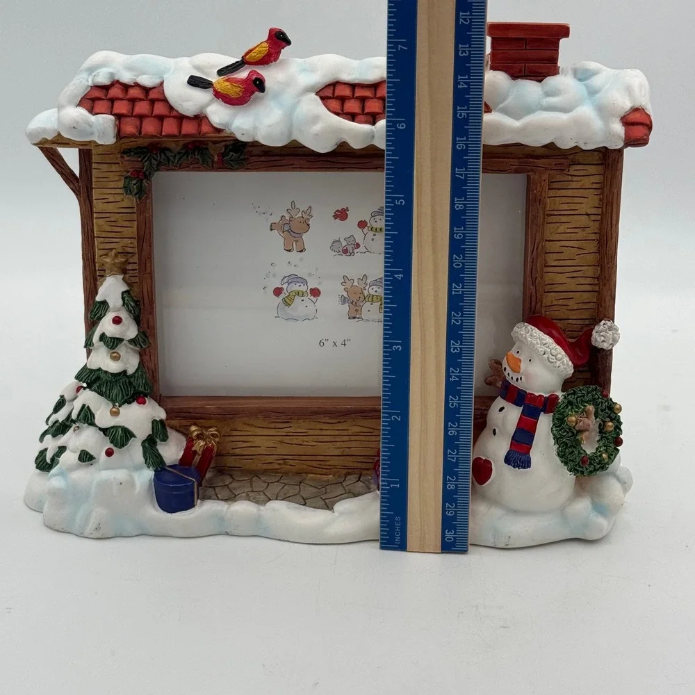 Christmas Snowman Cabin 4x6 Picture Frame Resin Winter Snow Scene Cardinals
